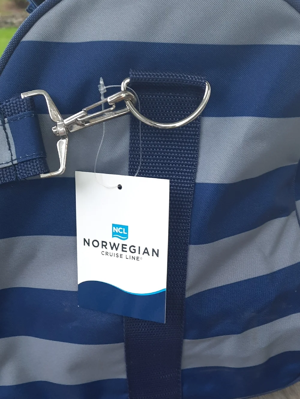 Norwegian Cruise Lines Striped Navy Gray Duffel Bag Heavy Shouldet Strap NWT